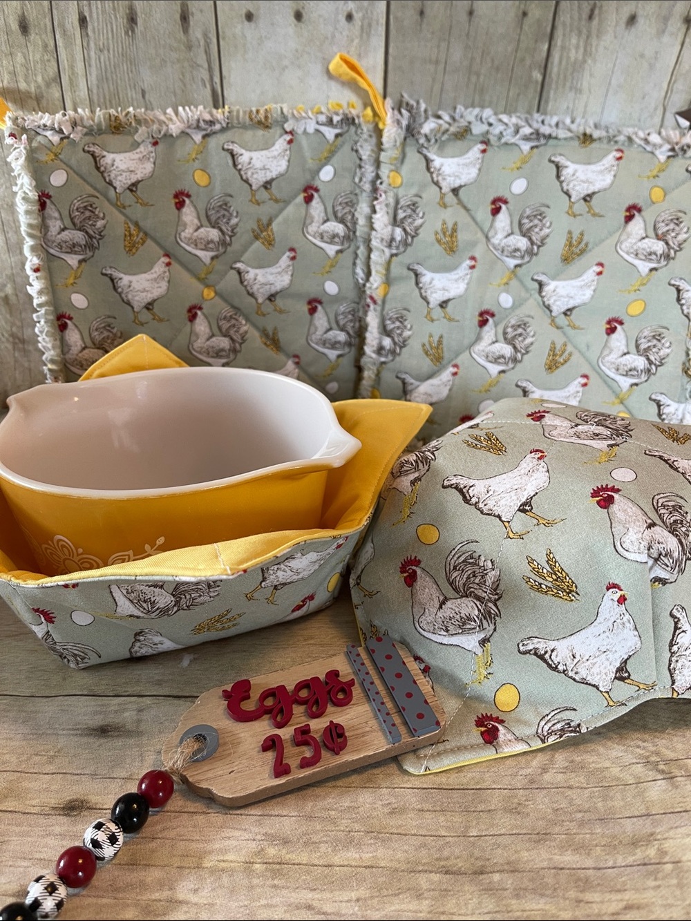 5 Pc Set Chicken Microwave Bowl Cozies Fabric Bowls & Two Hotpads & Eggs Decor